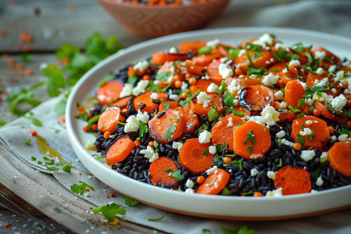 Surprise gustative : avez-vous déjà testé le riz nerone avec des carottes rôties au miel et feta ?